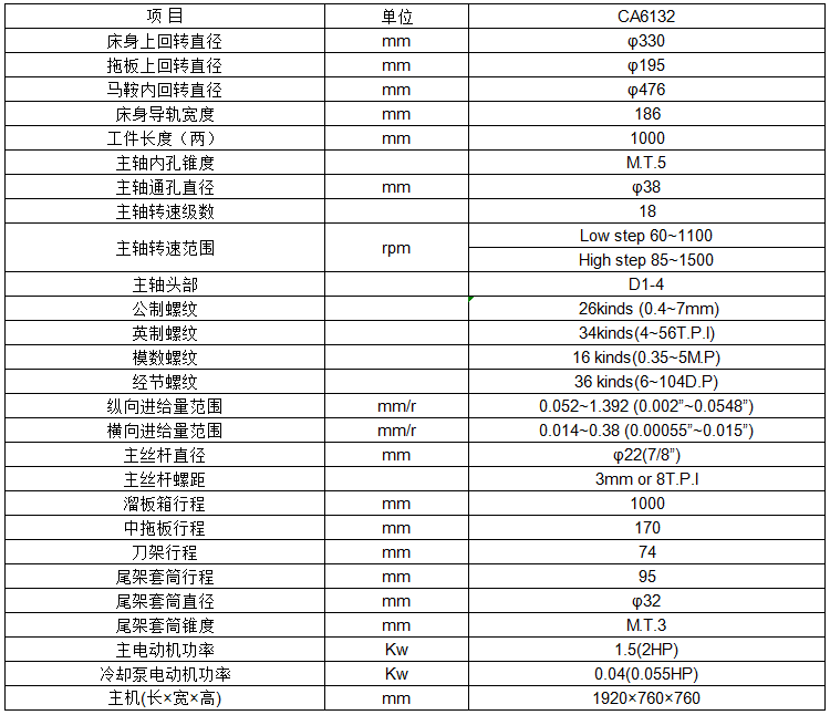 C6132普通卧式车床技术参数